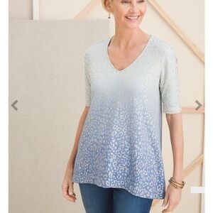 CHICO’S Foiled Animal Print Slub Tee Blue Green White Top Metallic Sz 0 or S